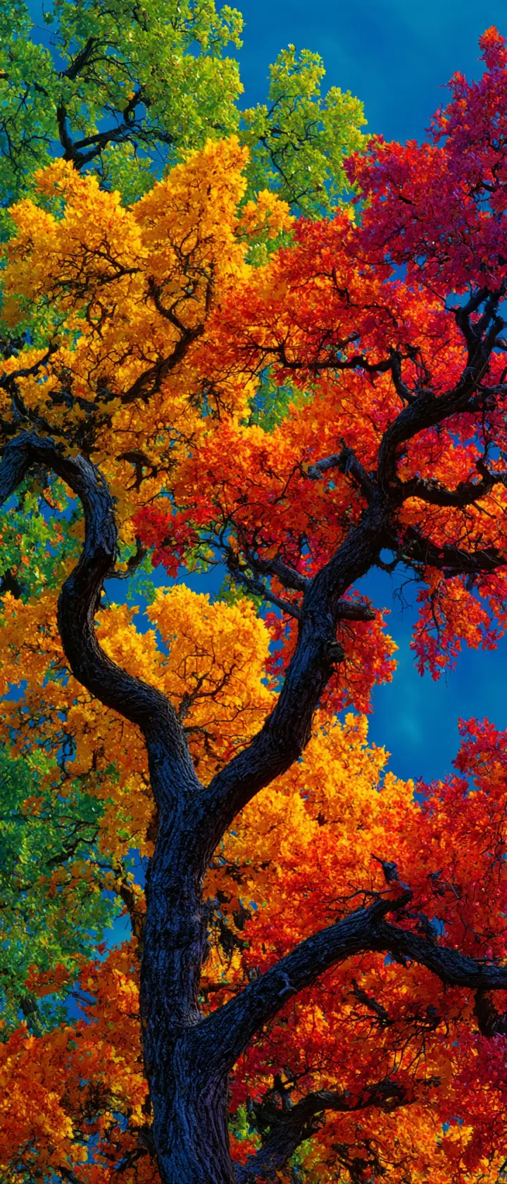 Albero stagionale colorato contro un cielo azzurro limpido