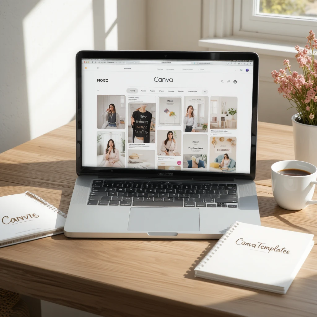 Espacio de trabajo minimalista con portátil que muestra diseños de pines de Pinterest
