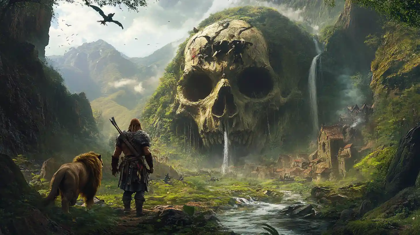 Barbarian and lion companion entering a lush jungle valley