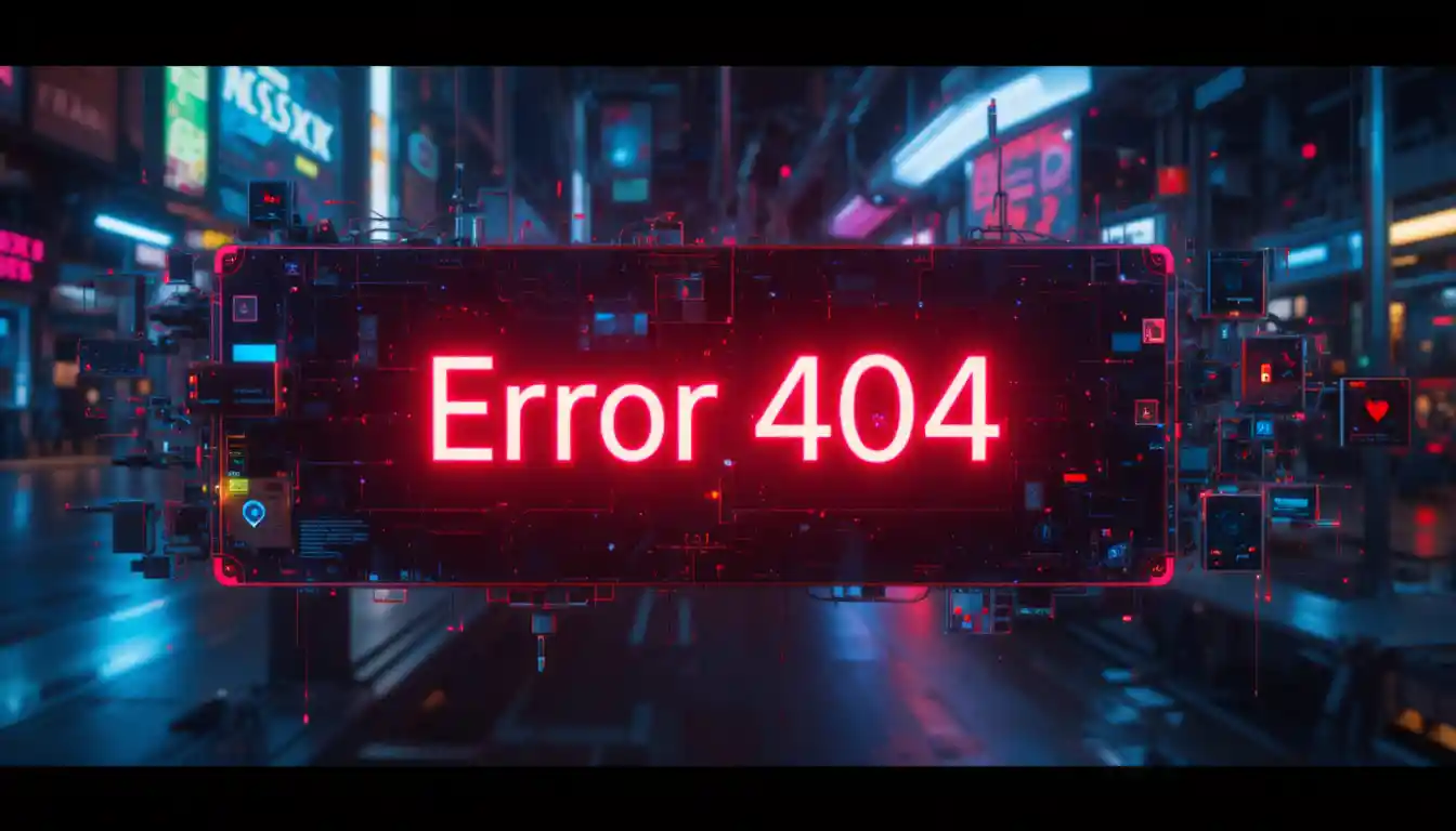 Banner cyberpunk com texto brilhante de Error 404