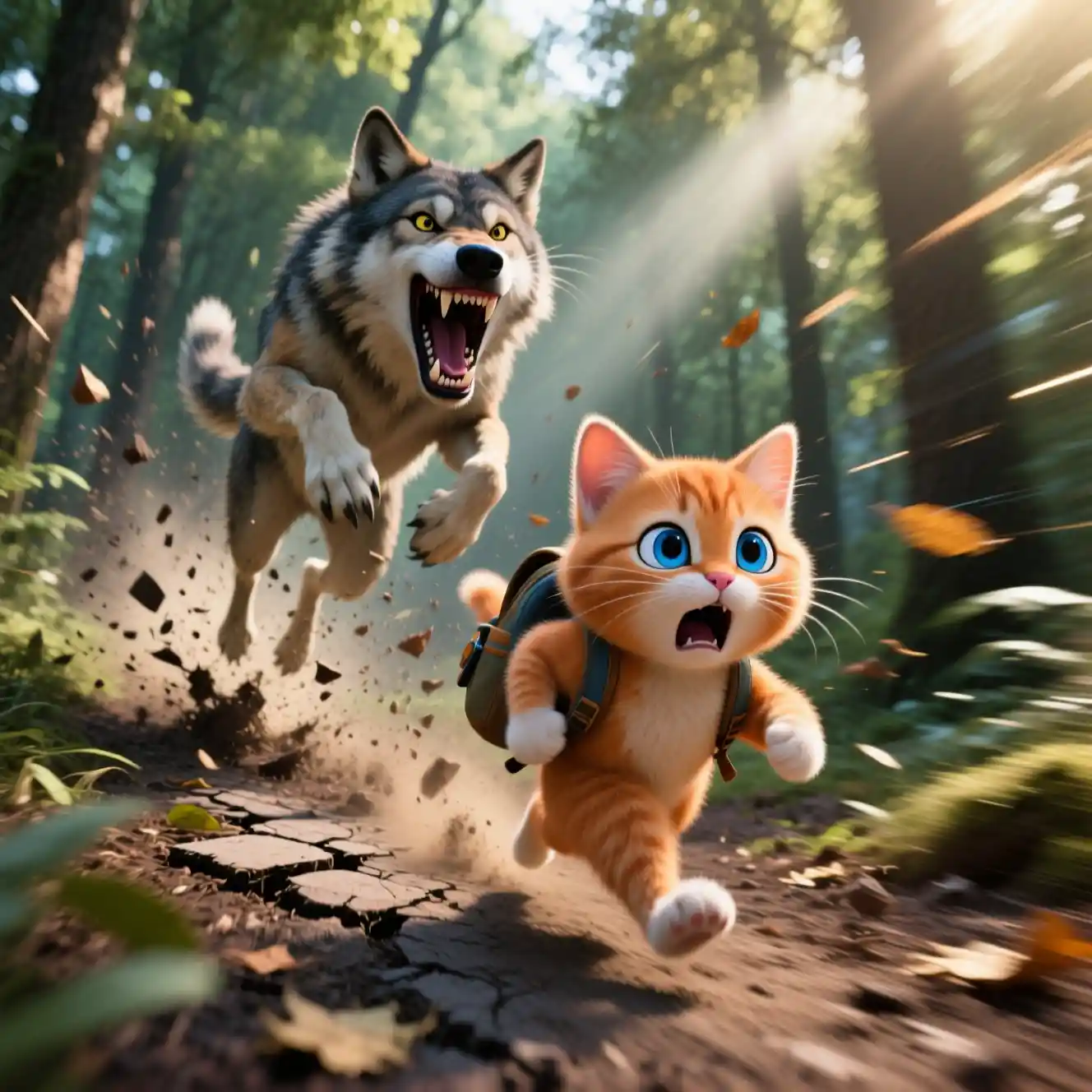 Minuscule chaton orange fuyant terrorisé le long d’un sentier forestier