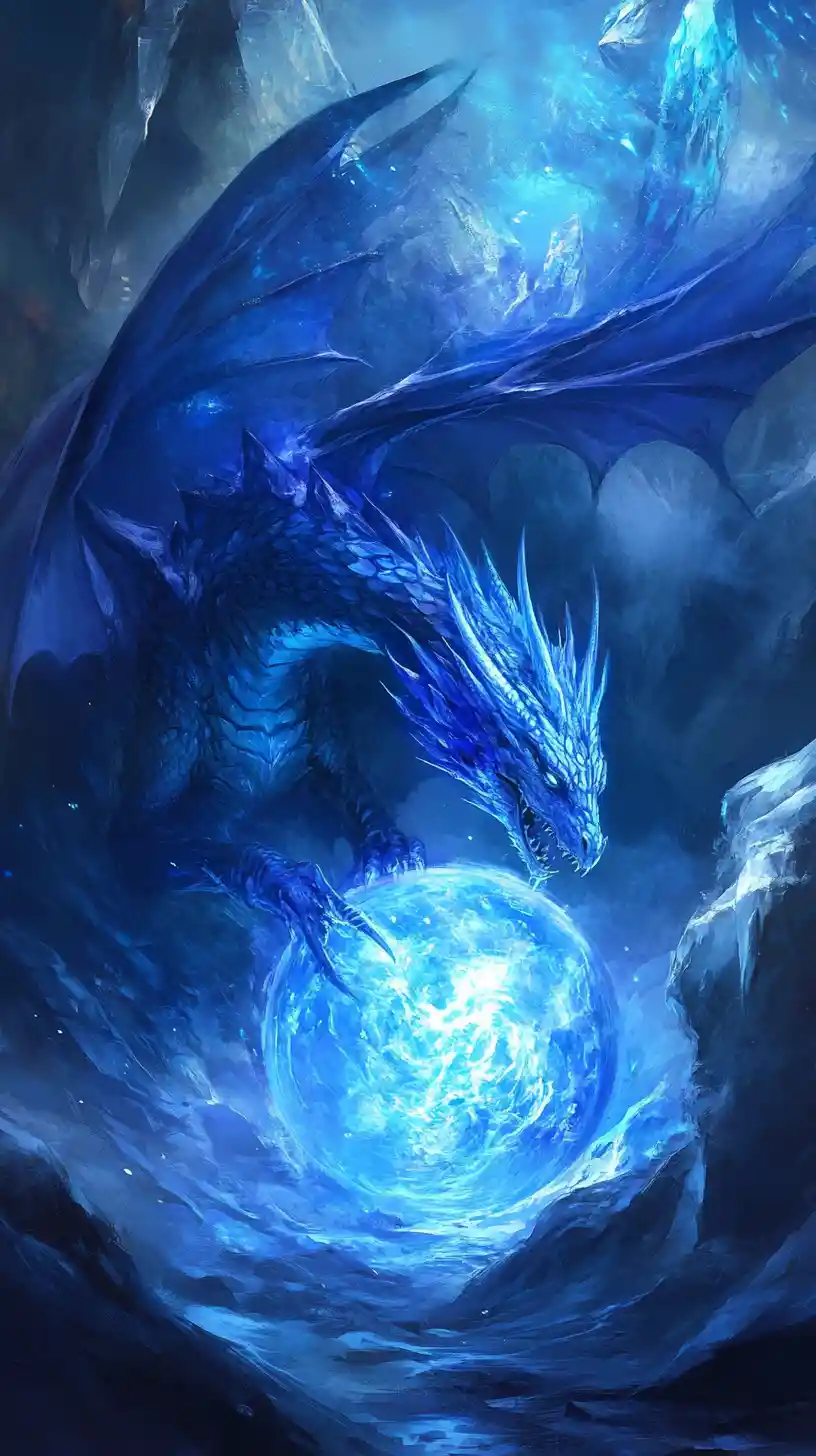 Dragón etéreo alzándose desde una esfera de cristal luminosa