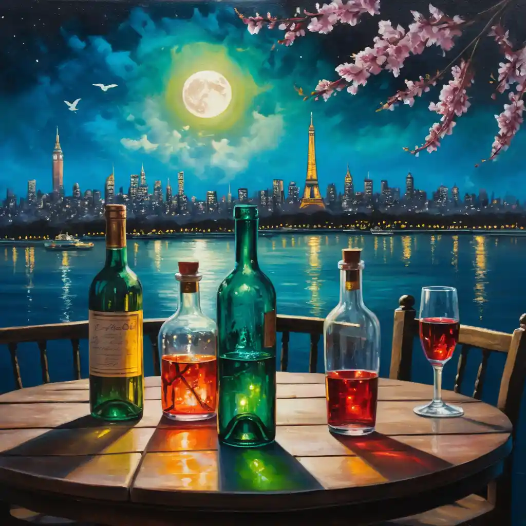 Glowing Cityscape Bottles On A Rustic Wooden Table