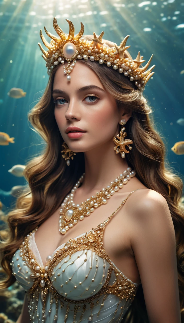 Donna sirena con corona d’oro in una barriera corallina luminosa