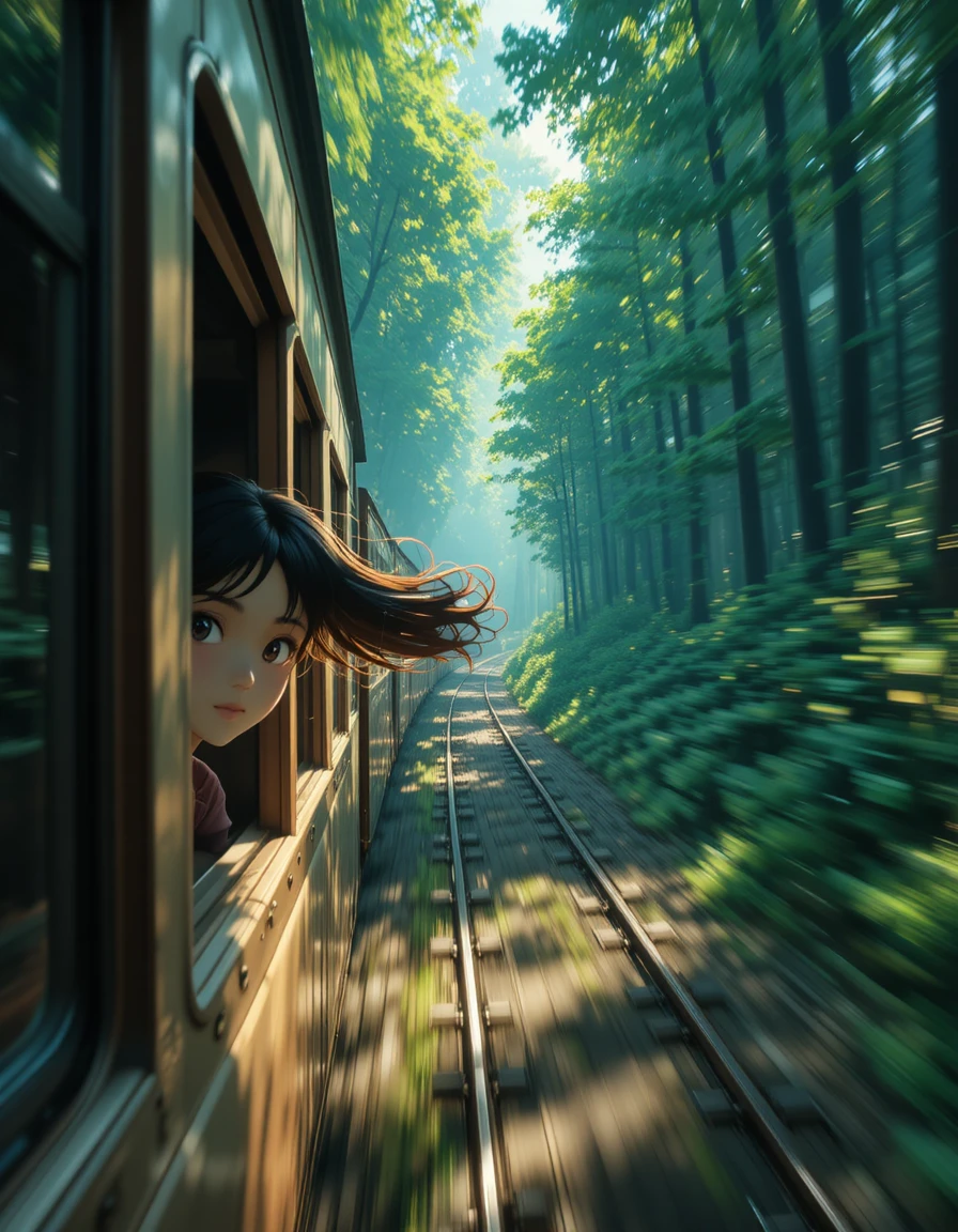 Anime-Mädchen im Schnellzug durch sonnenbeschienenen Sommerwald