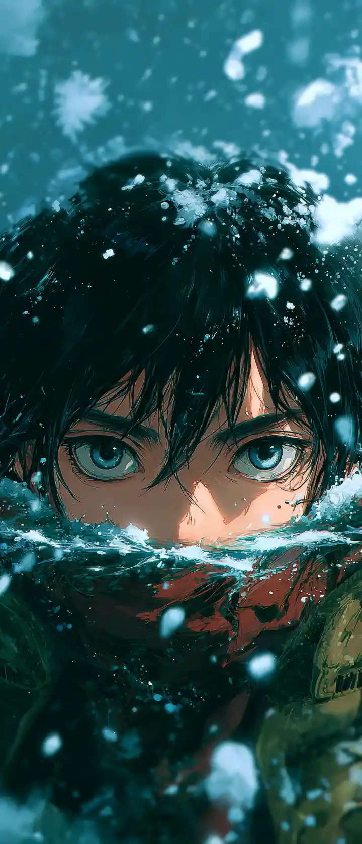 Homme d’anime regardant depuis l’eau sous la neige d’hiver