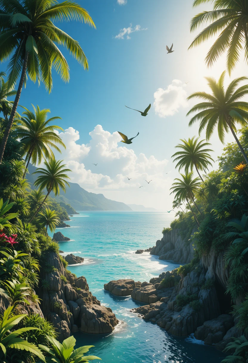 Vista aerea di un rigogliosa isola tropicale con mare turchese