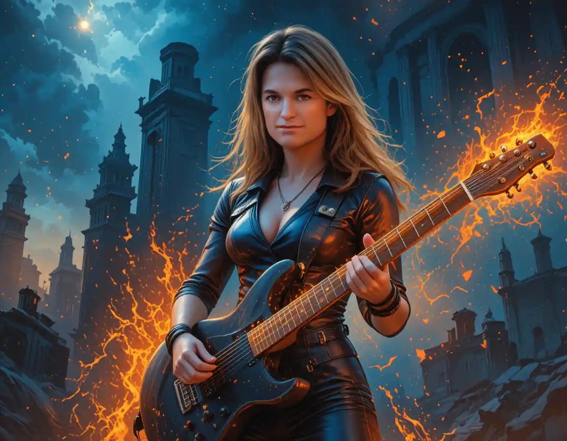 Medusa inspired guitarist in stormy ruined landscape