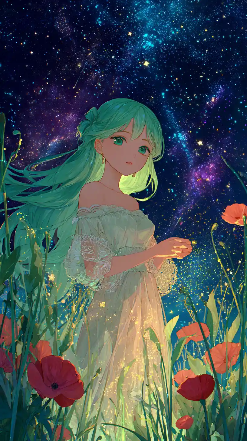 迷幻星空下宇宙草原中的動漫女孩