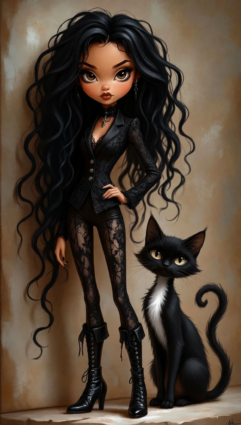 Stylish woman in black lace dress with sleek cat companion