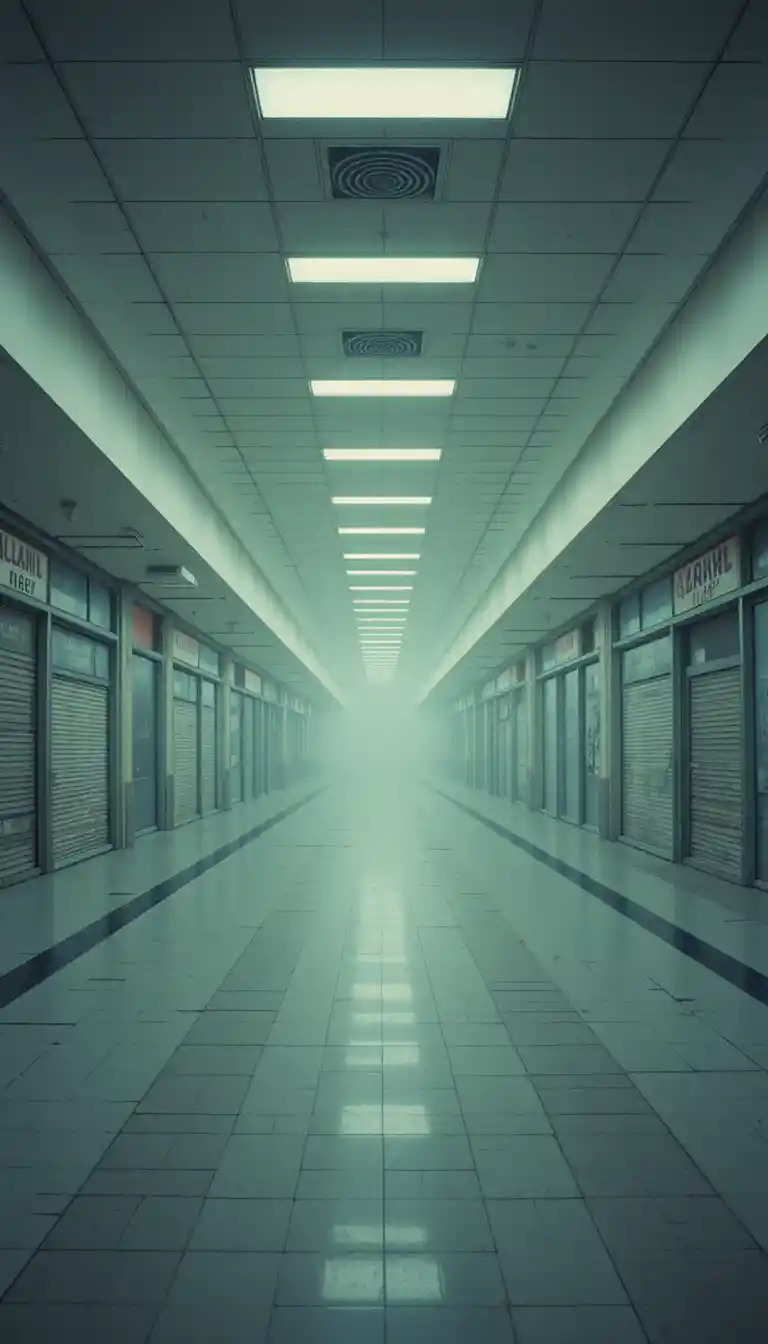 Empty indoor shopping mall corridor with dim fluorescent light