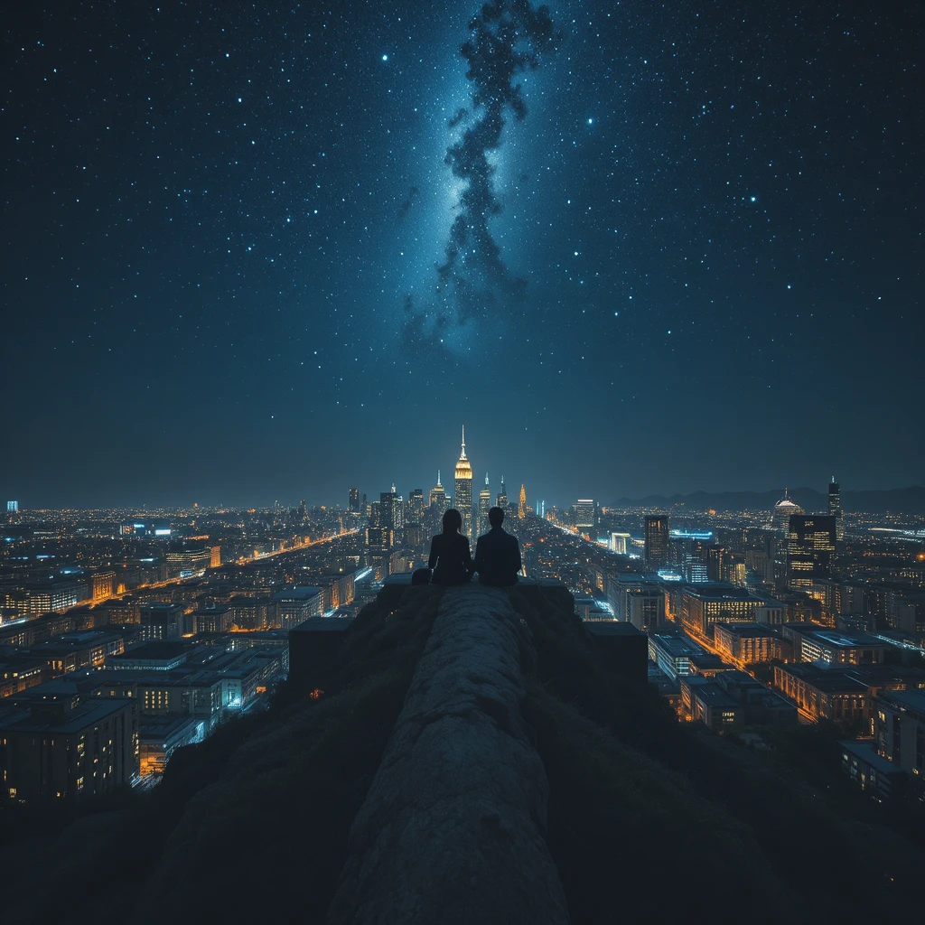 Ligne d’horizon urbaine étoilée sous un ciel de minuit silencieux