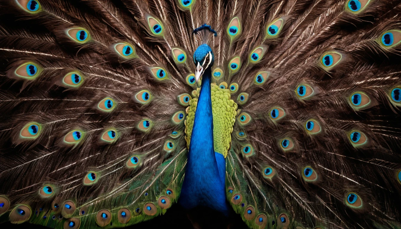 Close-up de penas iridescentes de pavão sob luz dramática de estúdio