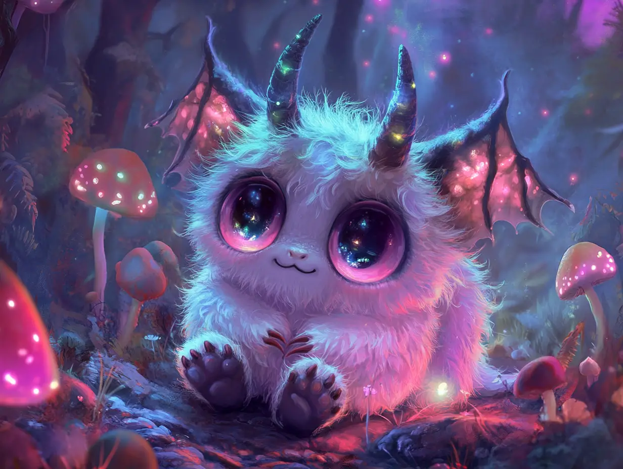 Niedliches Kryptid in einem neonfarbenen Pilz-Fantasy-Wald