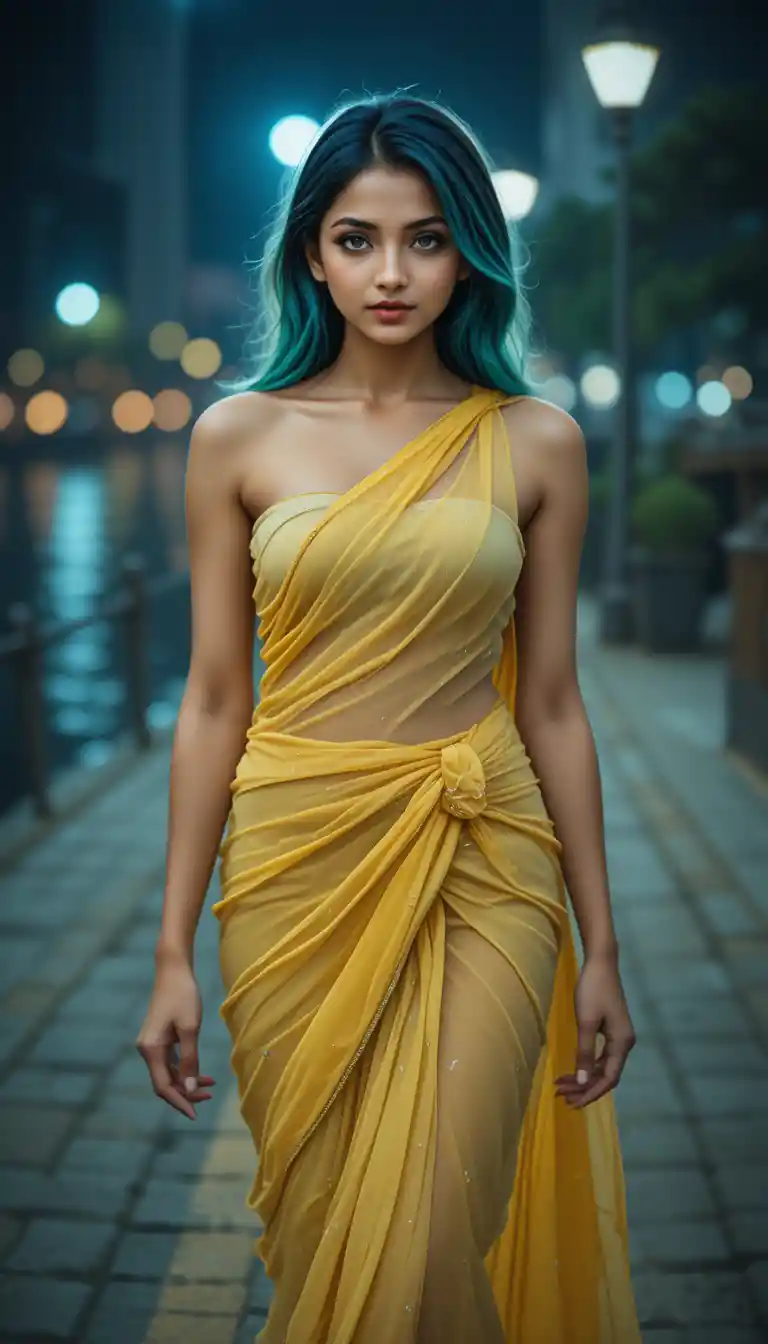 Indian woman walking by the riverside at night
