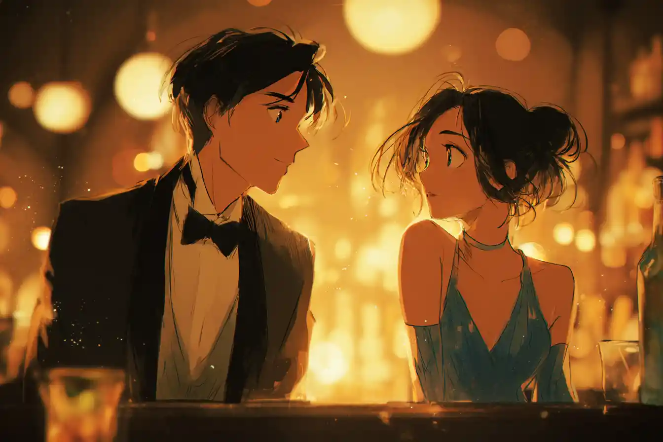 Couple d’anime échangeant un premier regard dans un bar à la lumière tamisée