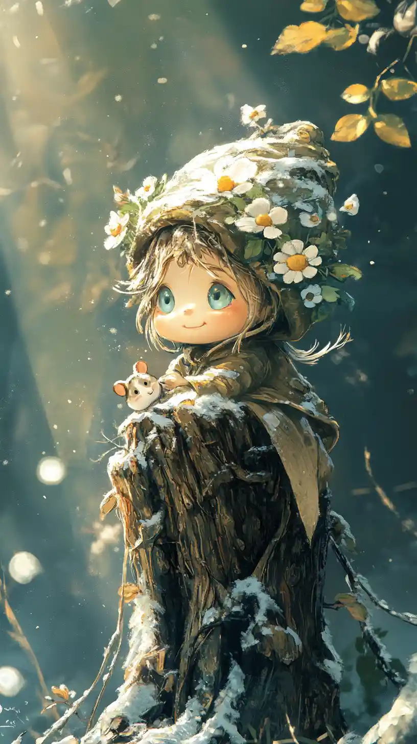Cute winter flower chibi poster with sunlight