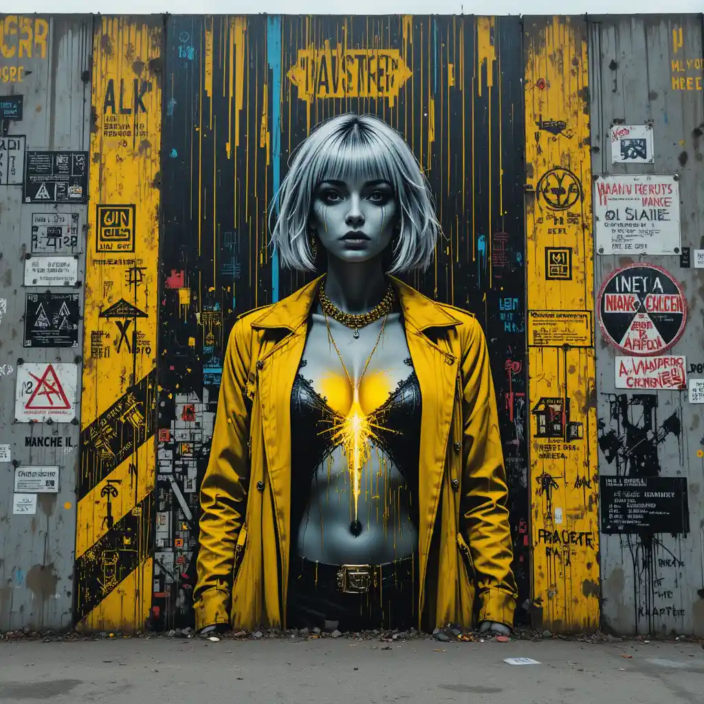 Mulher banhada em neon em mural de rua atômico com glitch