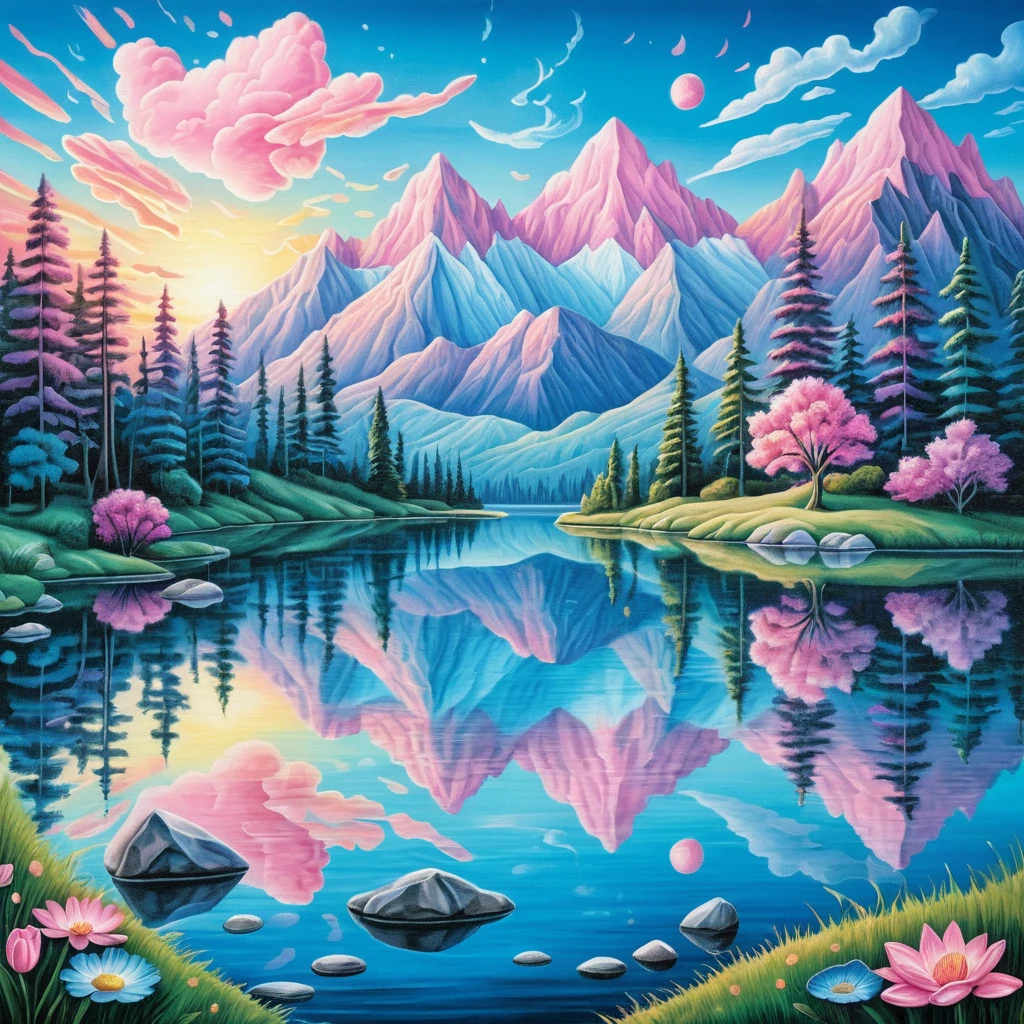 Montagnes d’été surréalistes et lac à l’aube pastel