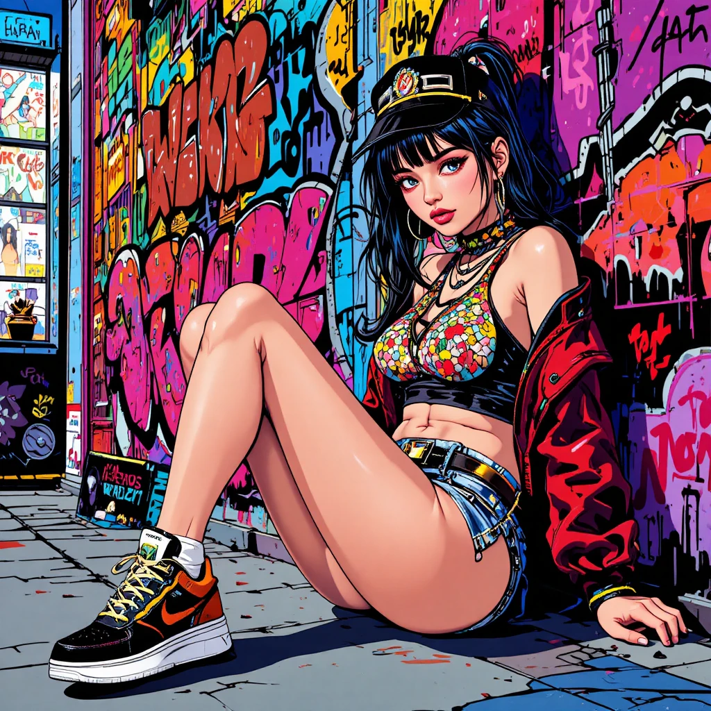 Ragazza anime pop art che si rilassa vicino a un muro di graffiti