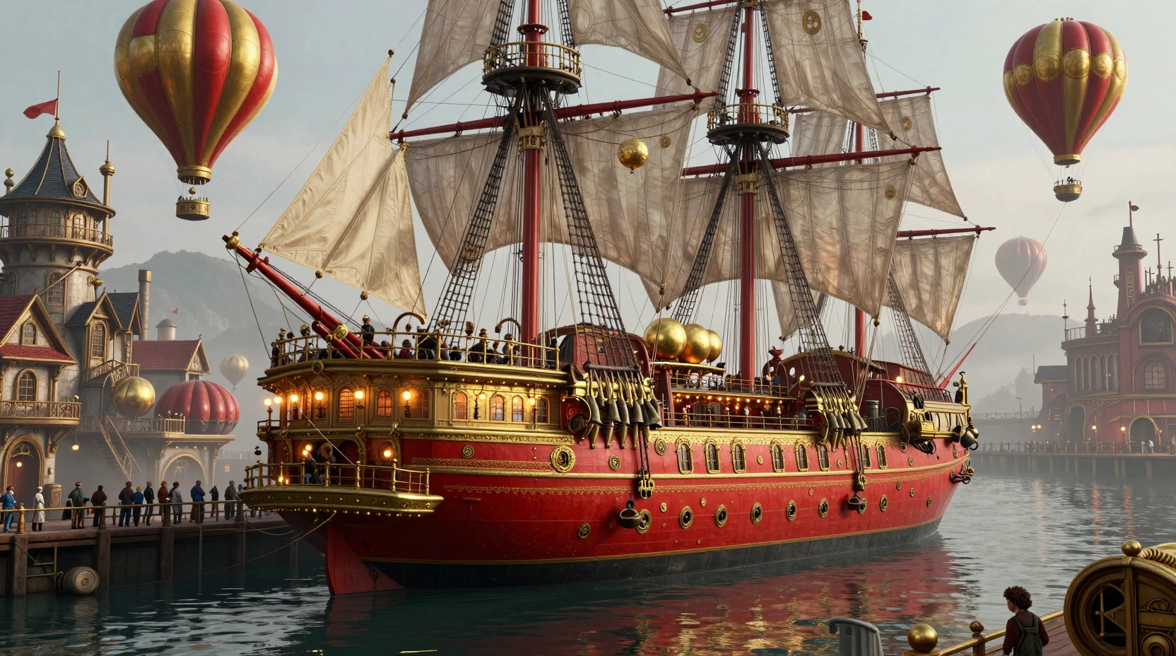 Dirigível steampunk atracando em um porto vitoriano enevoado