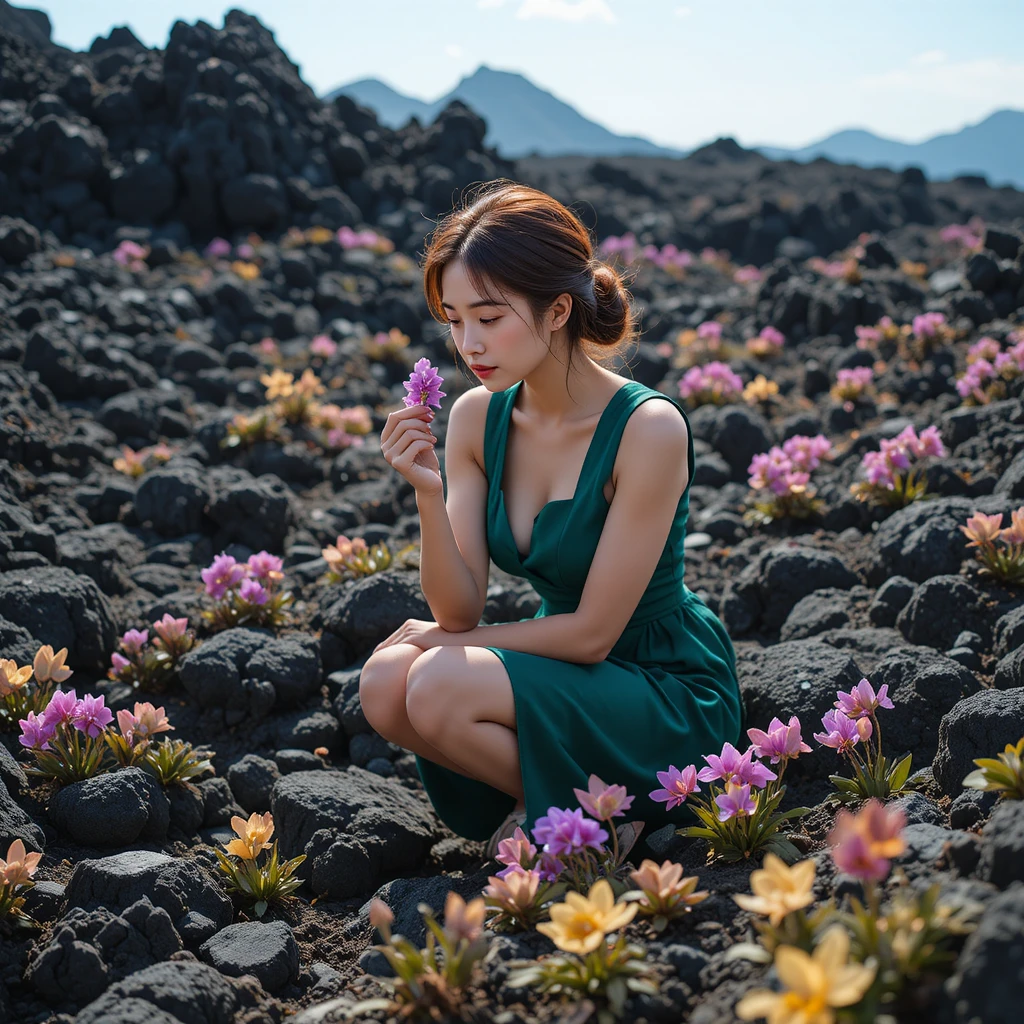 Jeune femme observant une fleur violette sur les rochers de Jeju