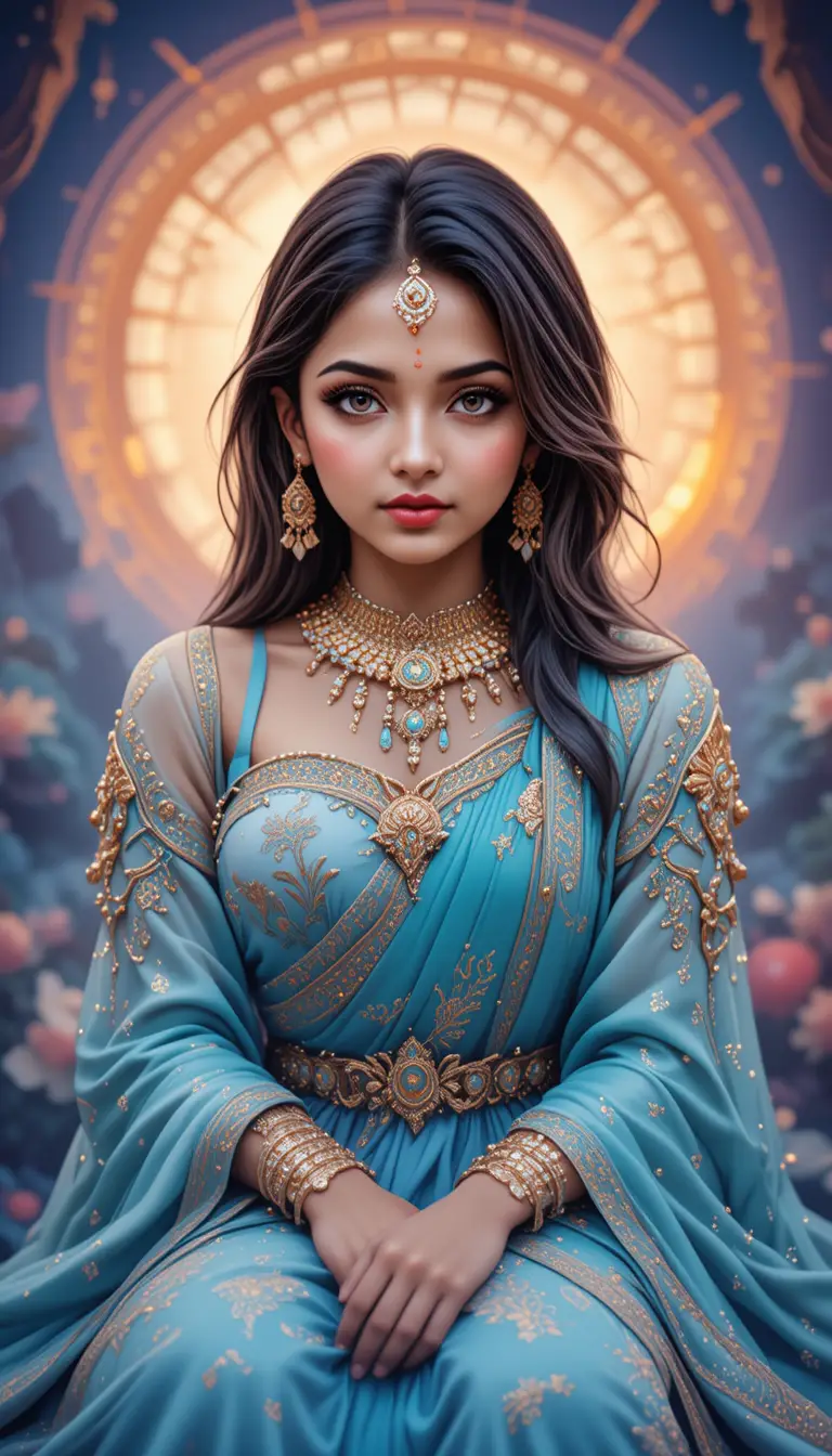 Smiling anime Indian princess in full body sitting portrait