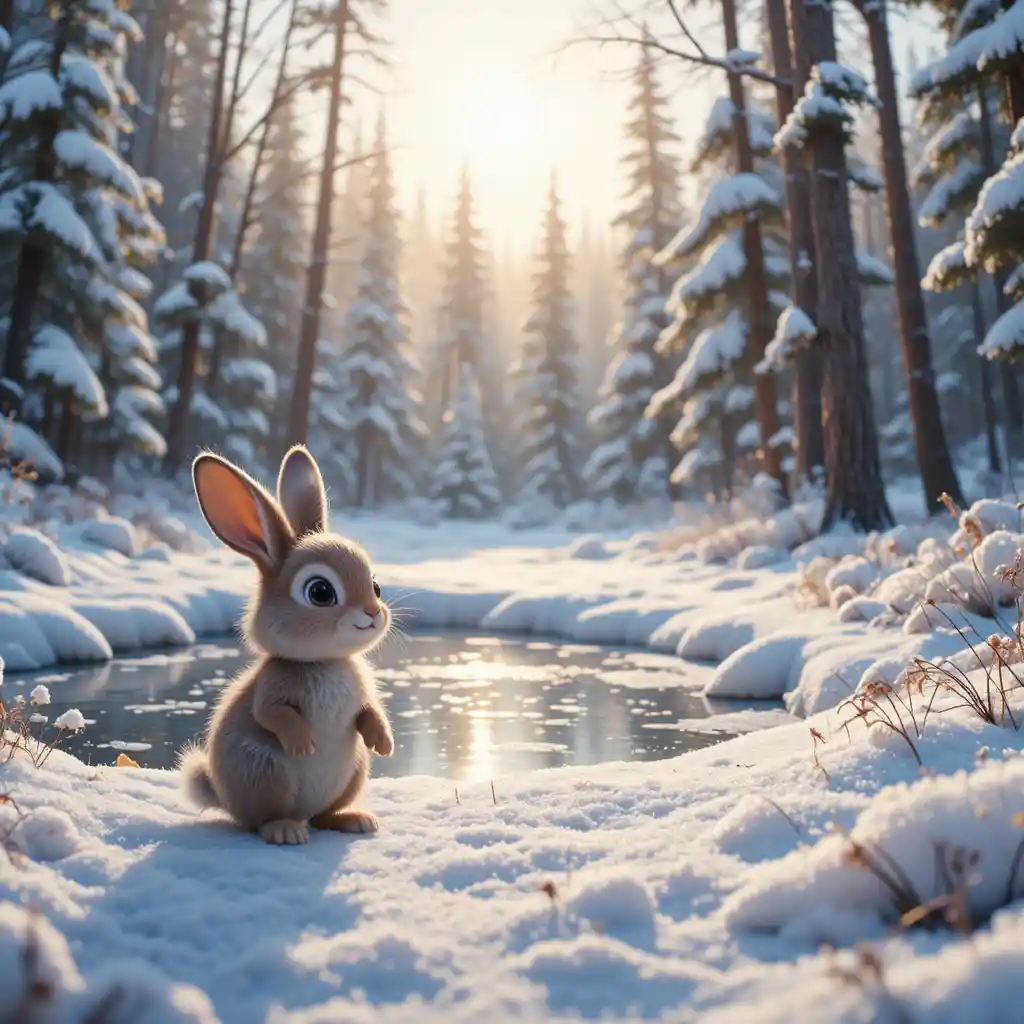 Fluffy rabbit exploring a quiet winter forest pond