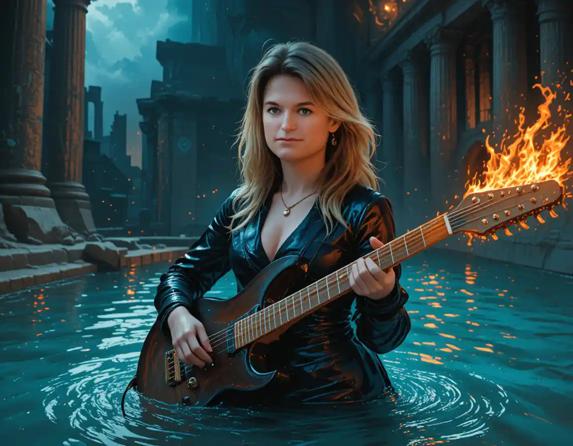 Medusa like rock guitarist in burning electric performance