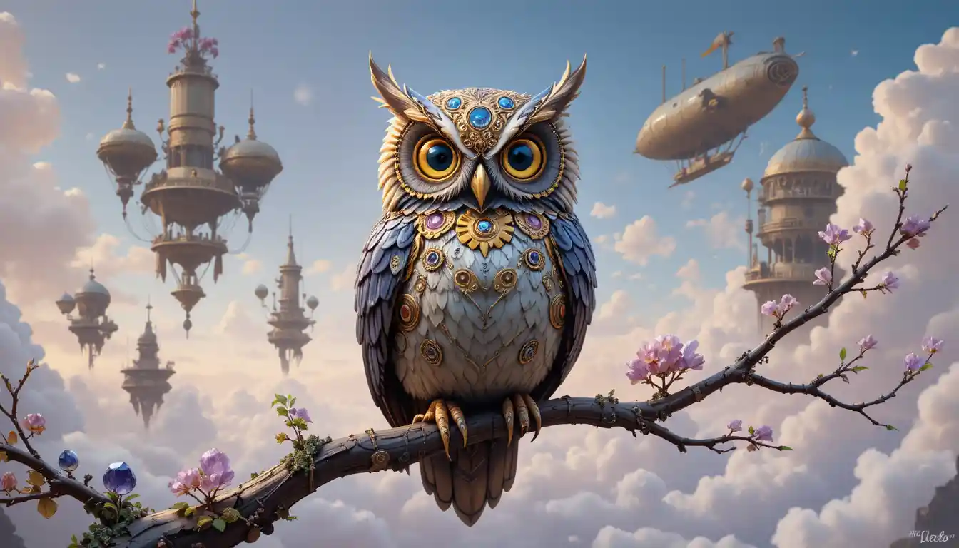 Hibou mécanique aux yeux de saphir lumineux dans un ciel pastel