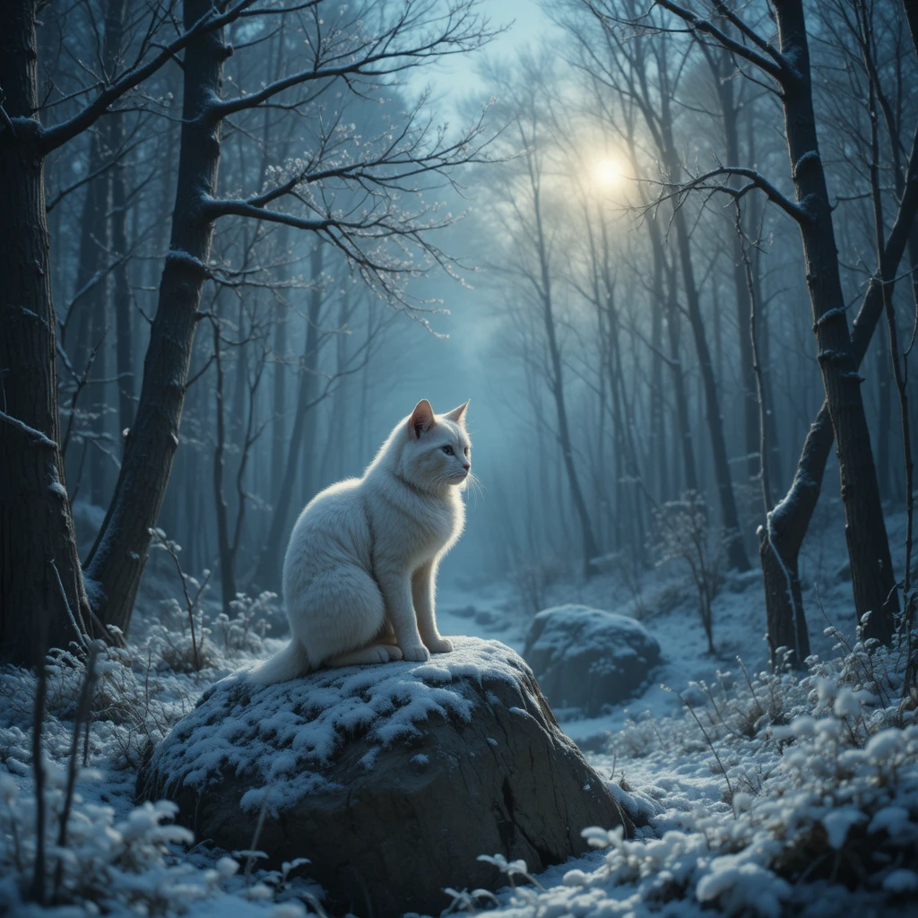 Weiße Eule auf einer Tanne in einer mondhellen Winternacht im Wald