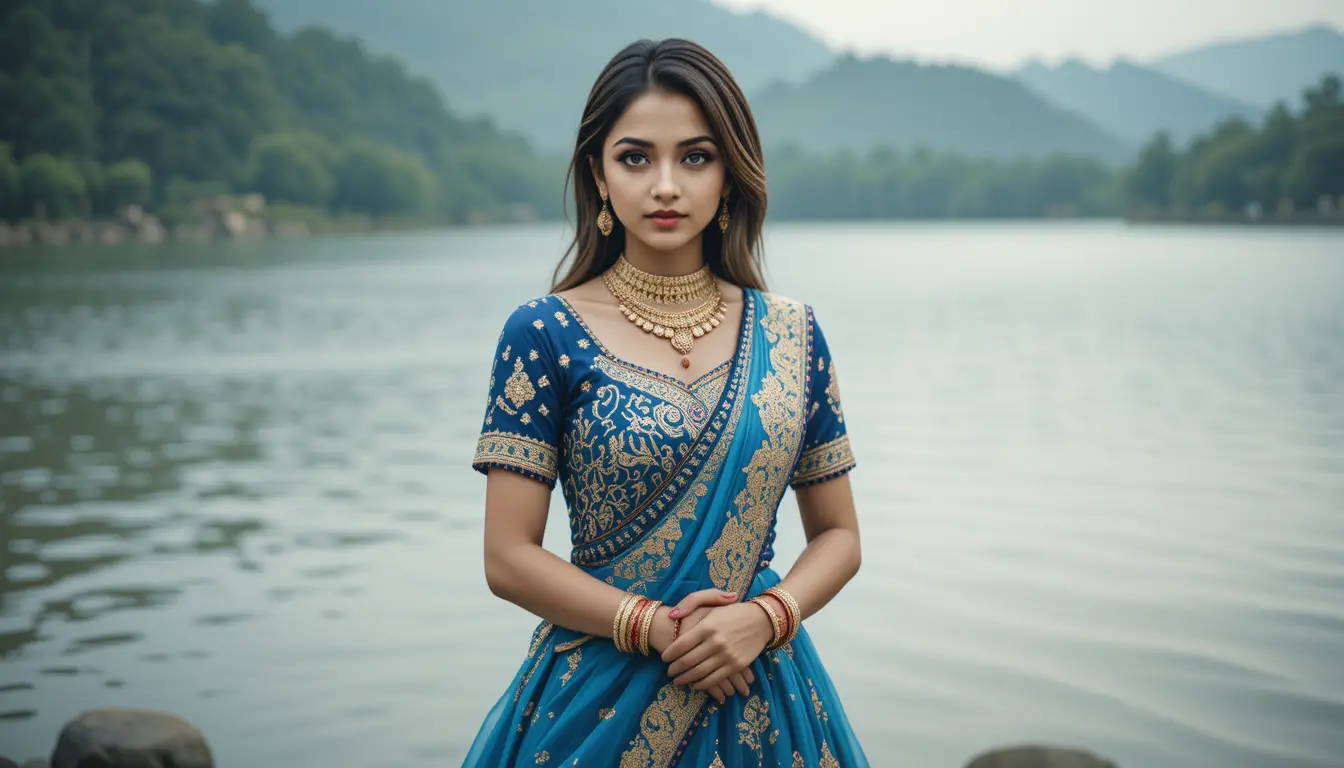 Femme indienne en lehenga bleu au bord d’un lac paisible