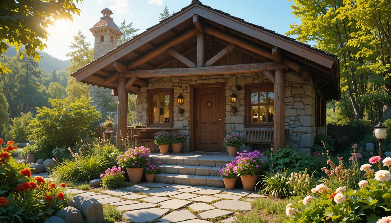 Cozy stone and wood cabin glowing in lush green forest