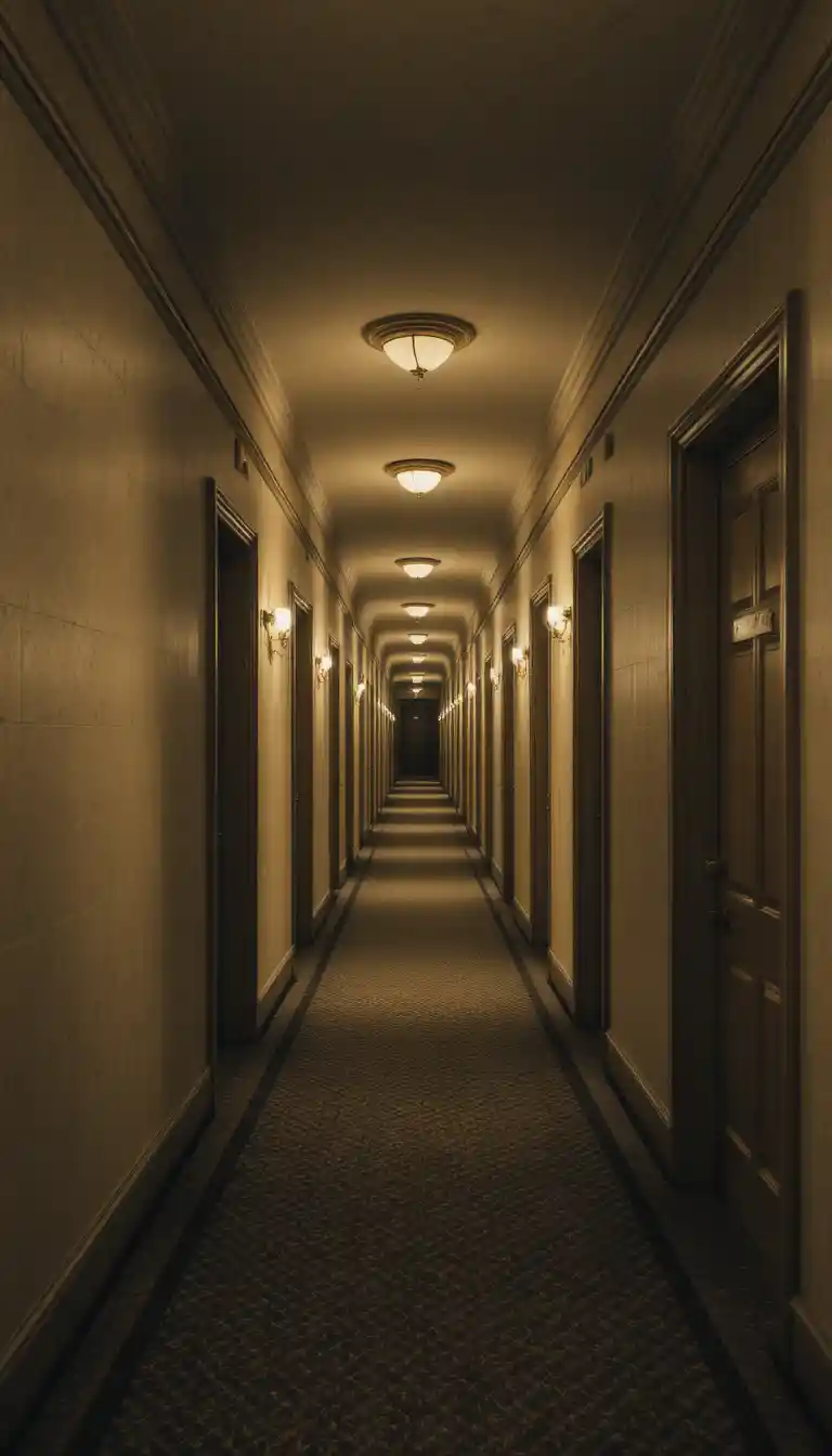 Endless hotel corridor with dim warm light and symmetry