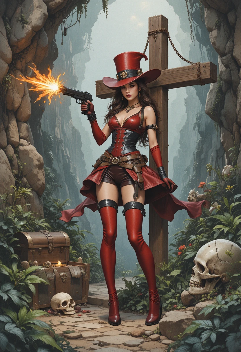 Armed fantasy woman in red before an ancient rocky cross