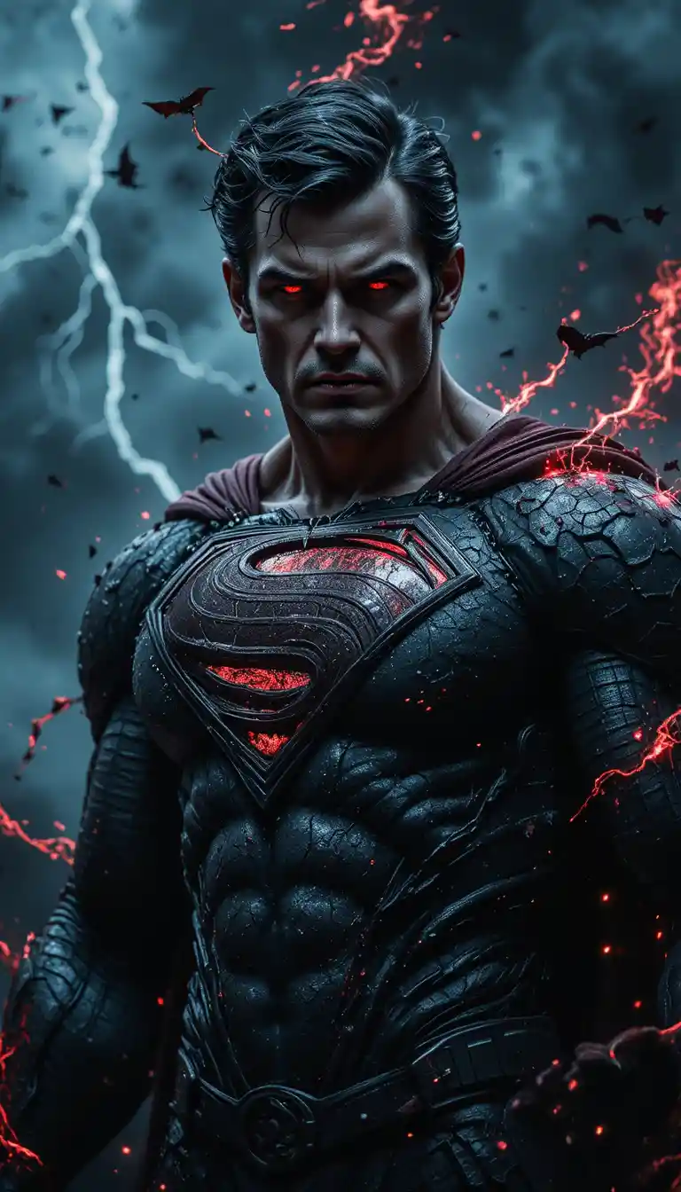 Retrato de super-herói corrompido com olhos vermelhos brilhantes e aura sombria