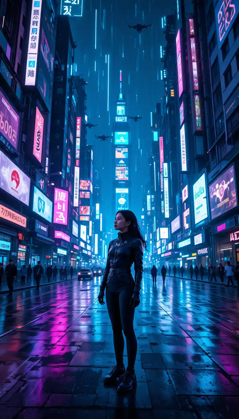 Young girl in neon lit cyberpunk city of the future