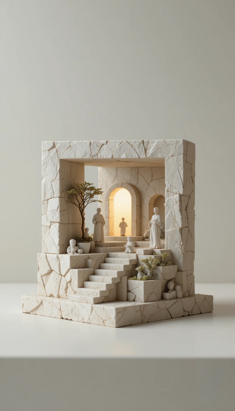Scultura miniatura simbolica che emerge da una forma geometrica