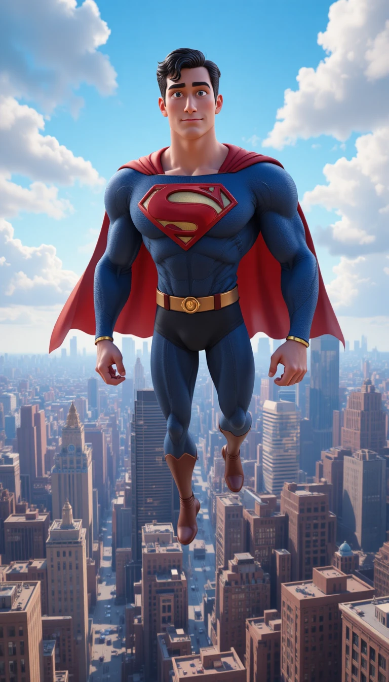 Super-herói em estilo cartoon voando sobre um horizonte urbano iluminado