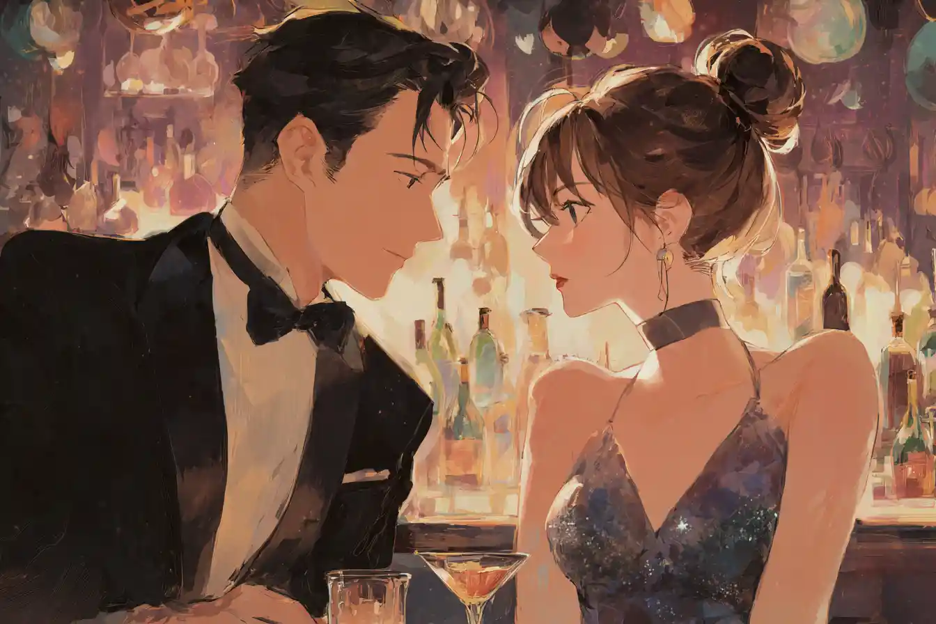 Anime-Paar tauscht einen flirtenden Blick über einer Bar