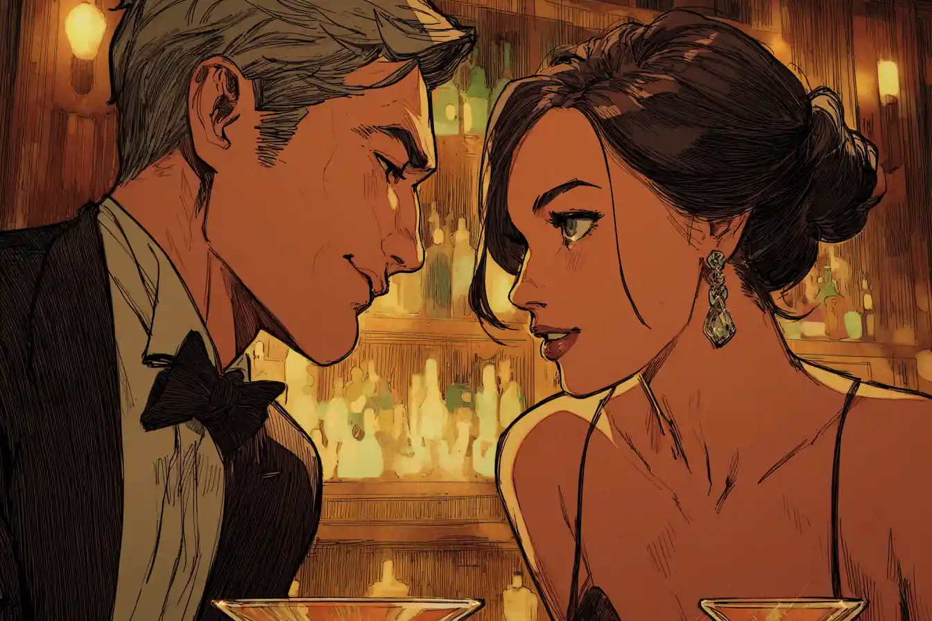 Casal de anime trocando o primeiro olhar em um bar iluminado suavemente