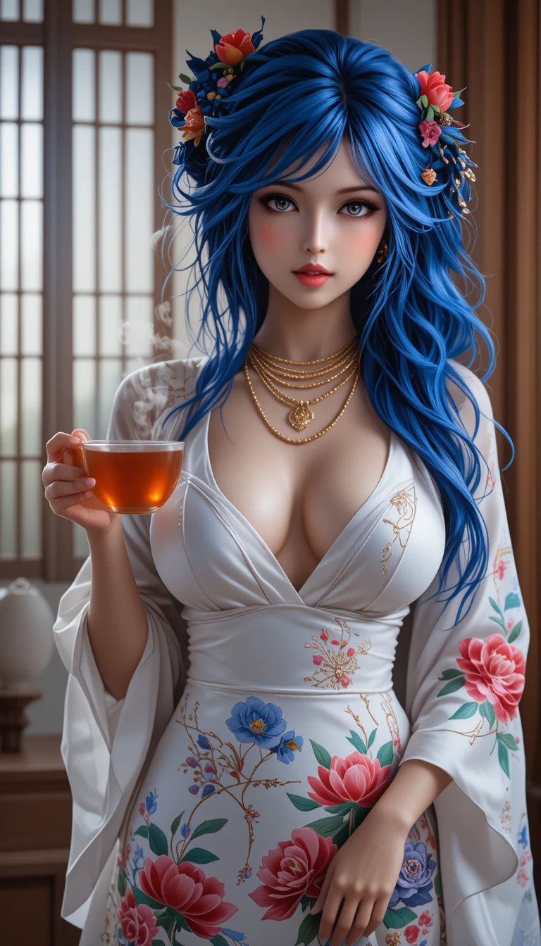 Élégante femme asiatique aux cheveux bleus sirotant un thé chaud