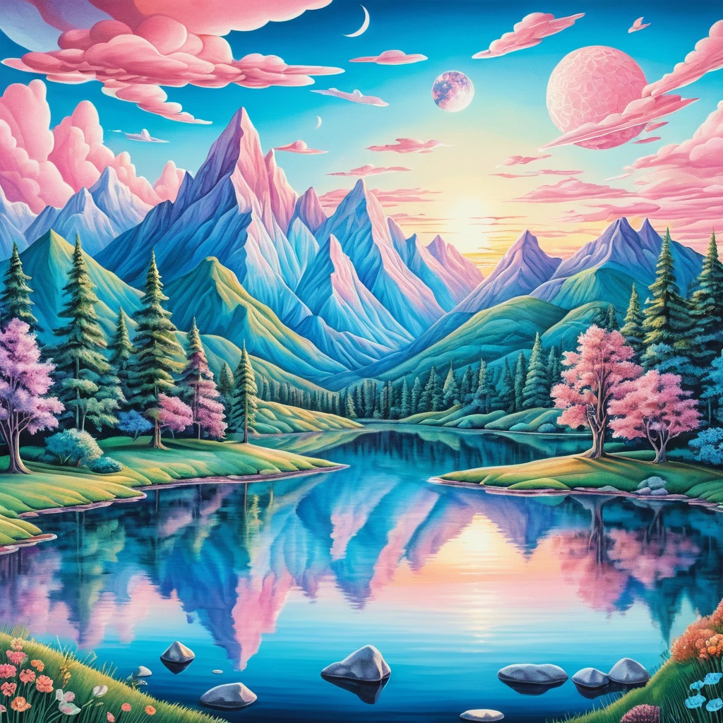 Surreal summer mountain lake at sunrise in pastel tones