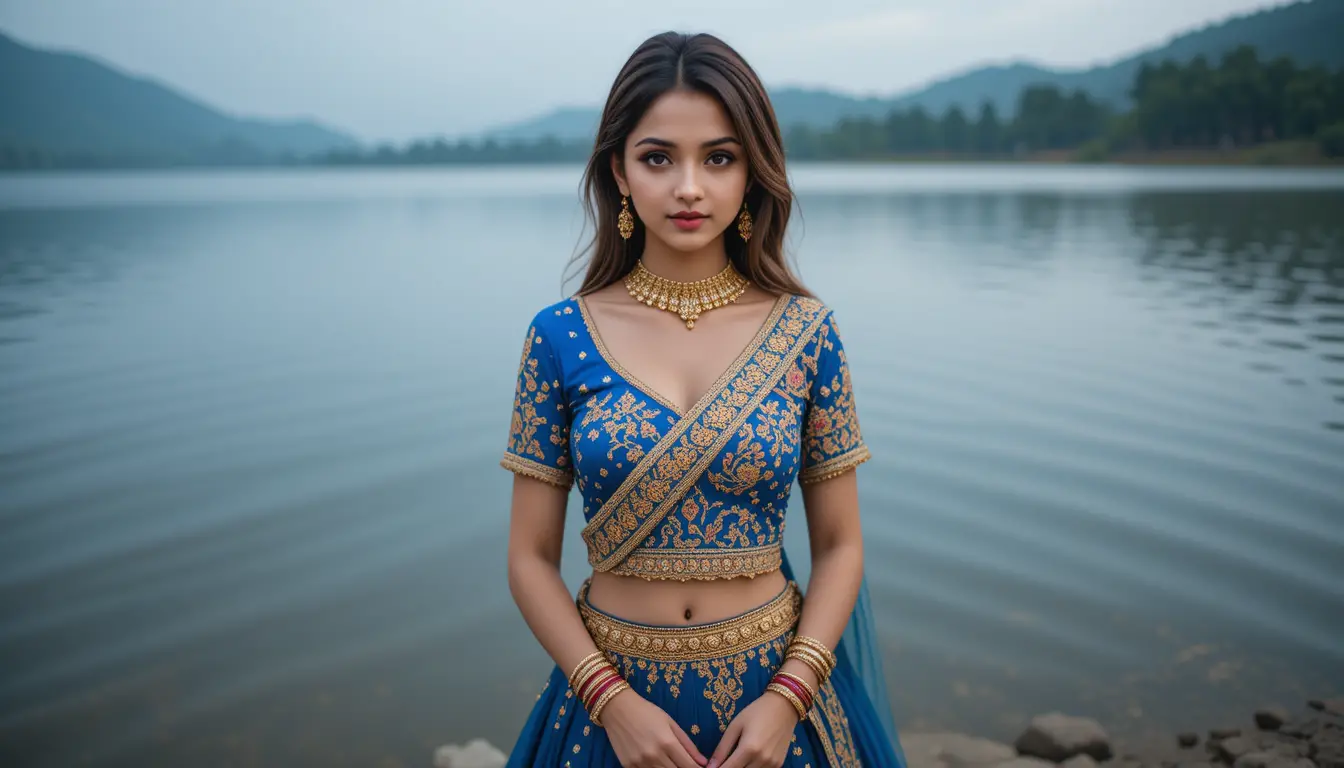 Femme indienne en lehenga bleu au bord d’un lac paisible