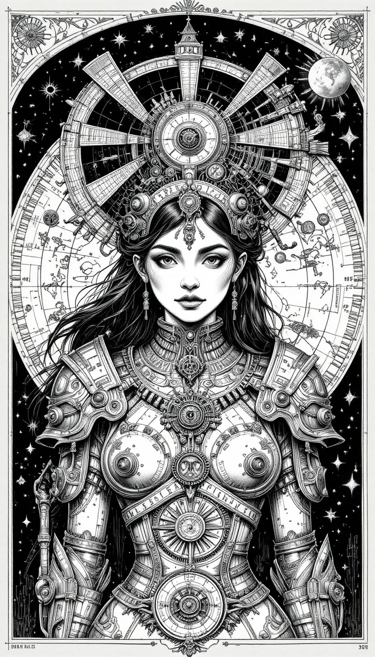 Guerriera steampunk in intricato ritratto alchemico