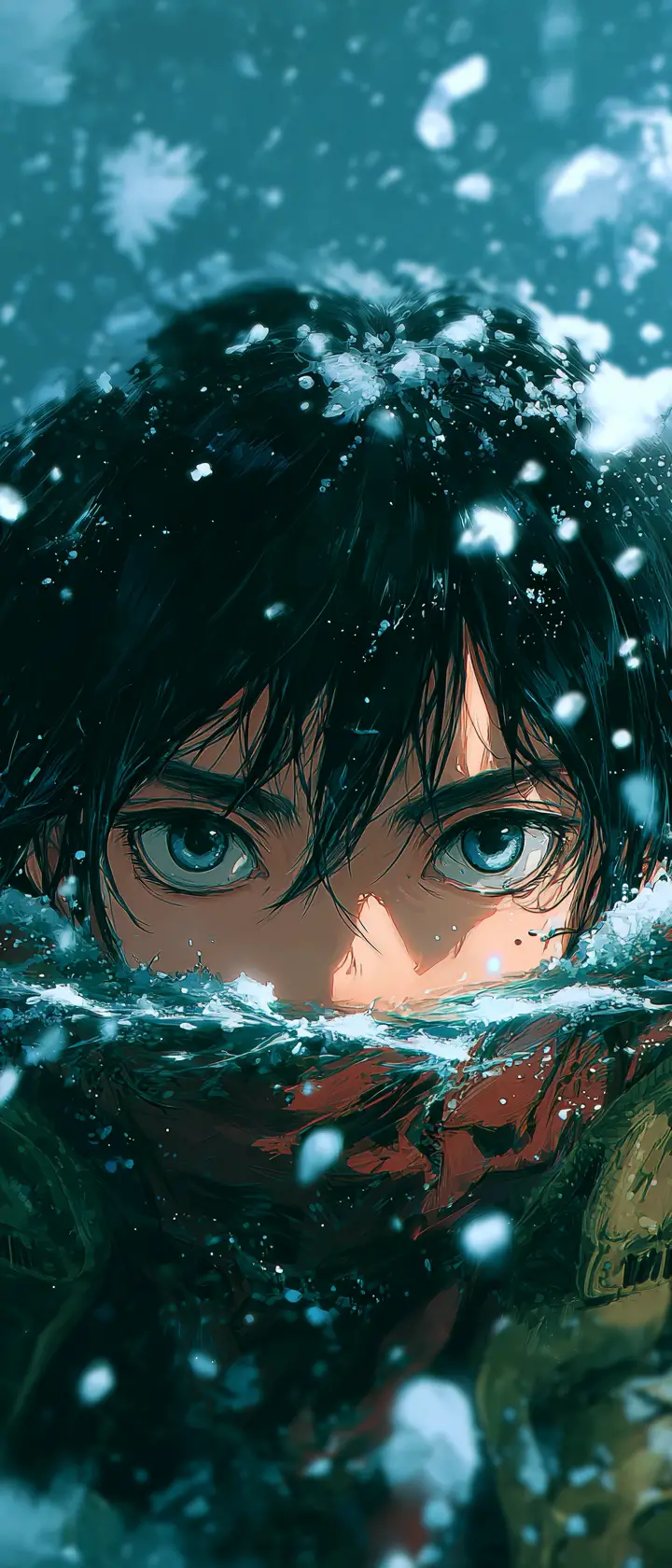 Homme d’anime regardant depuis l’eau sous la neige d’hiver
