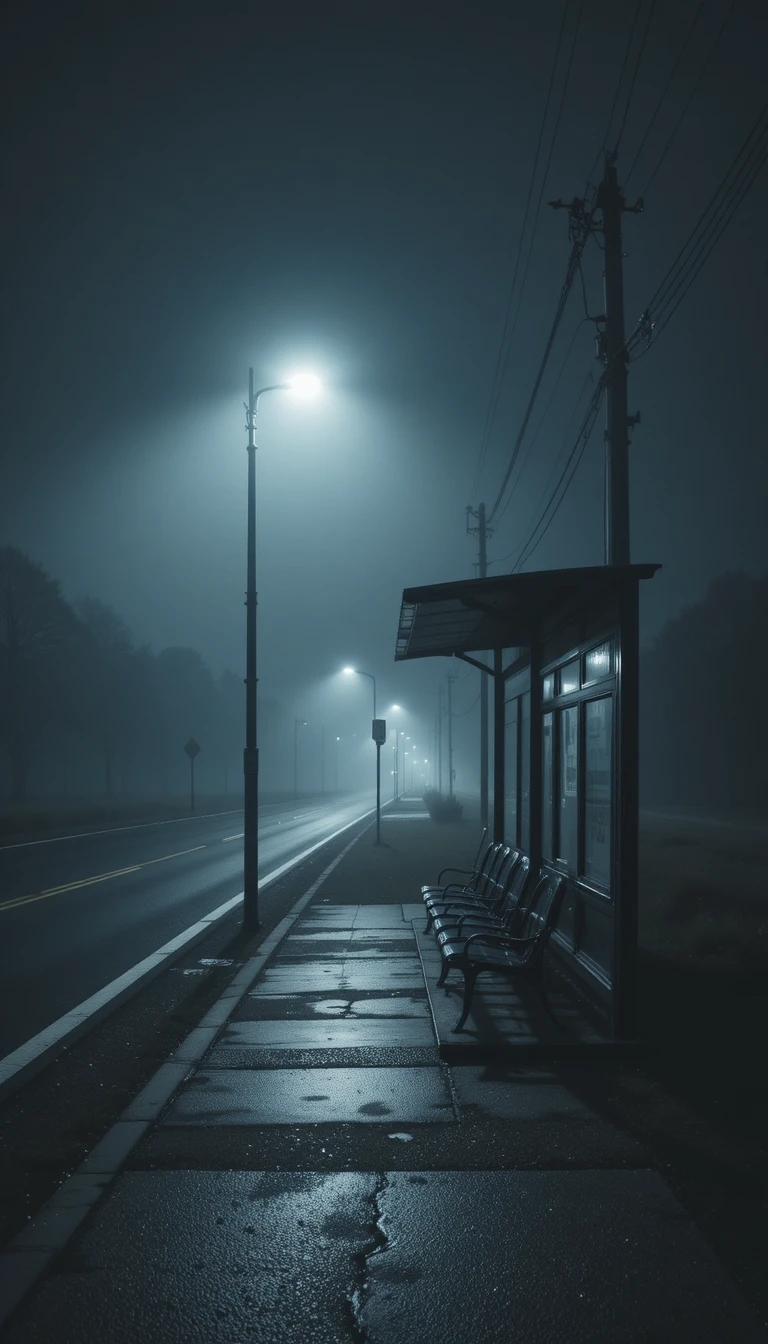 Ponto de ônibus vazio em uma noite de neblina com poste de luz brilhando