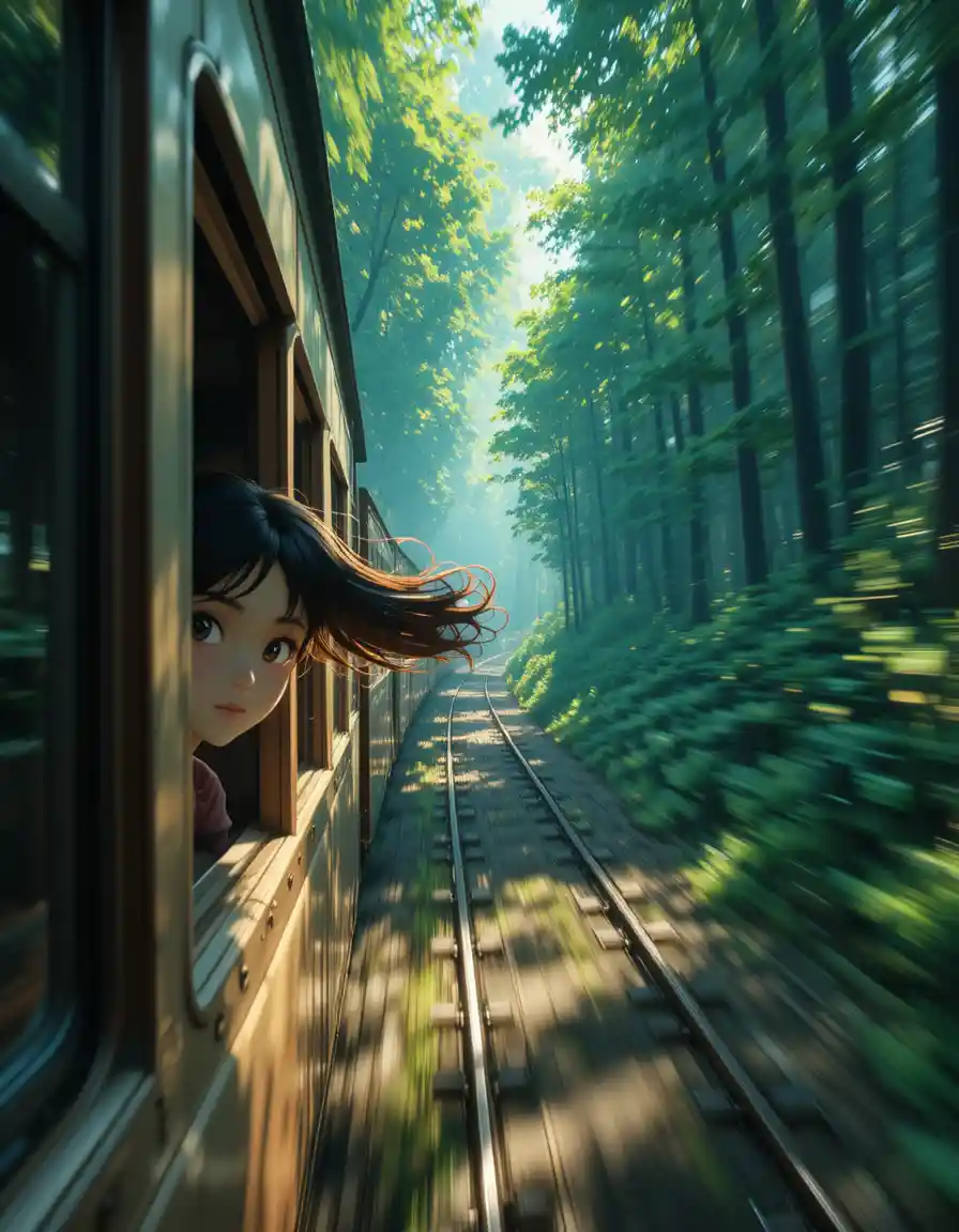 Anime-Mädchen im Schnellzug durch sonnenbeschienenen Sommerwald