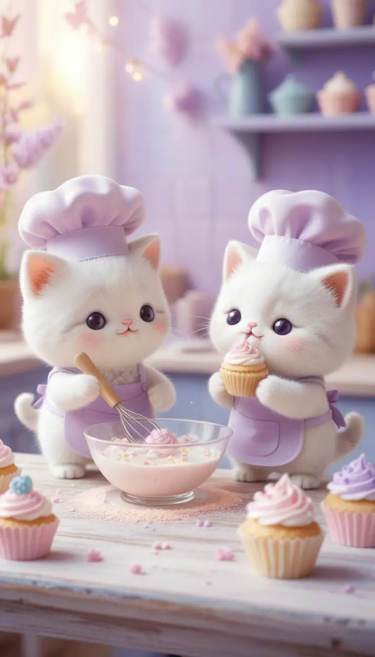 Kawaii kittens baking sweets in a magical pastel kitchen