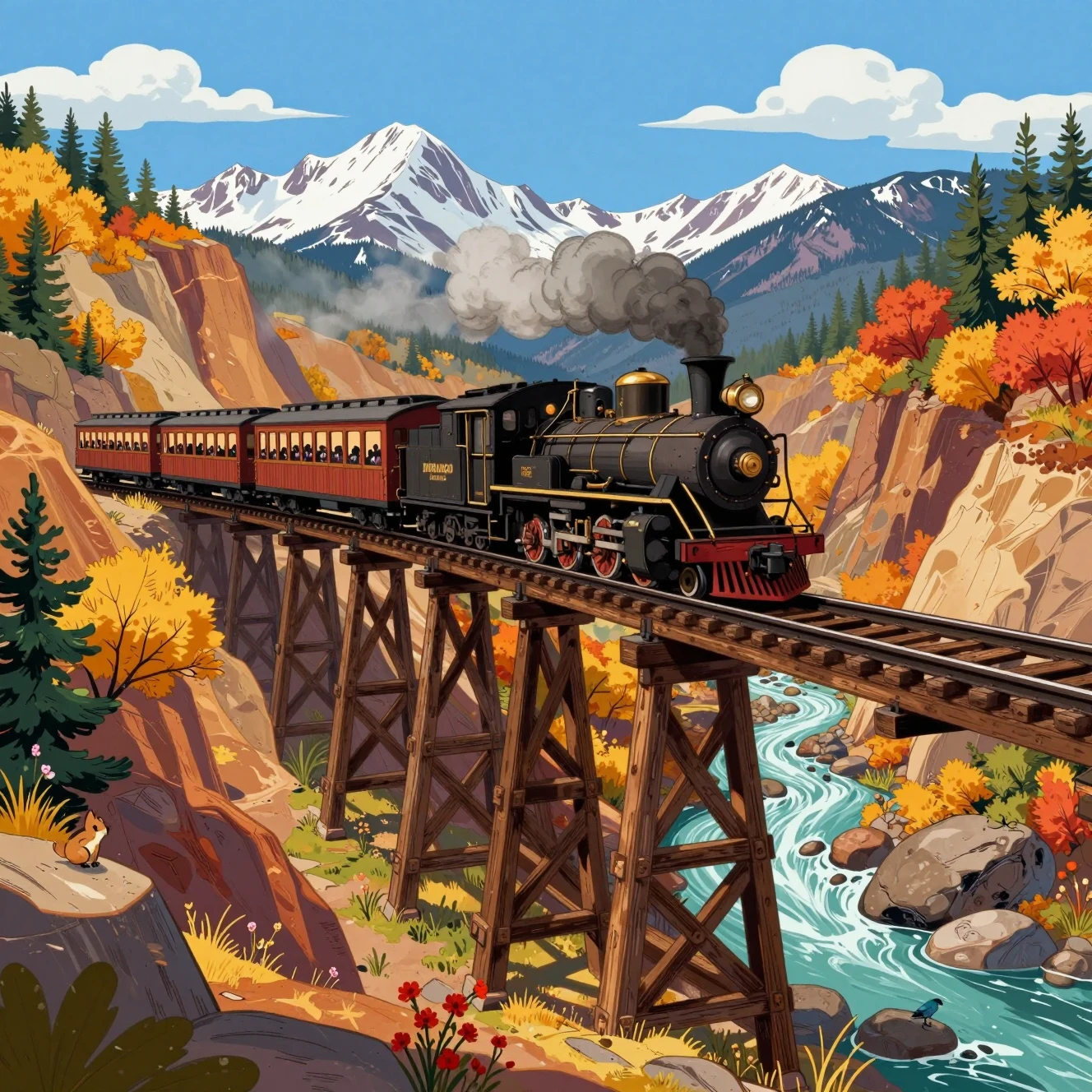 Cartoon-Bergzug überquert eine hölzerne Trestle-Brücke